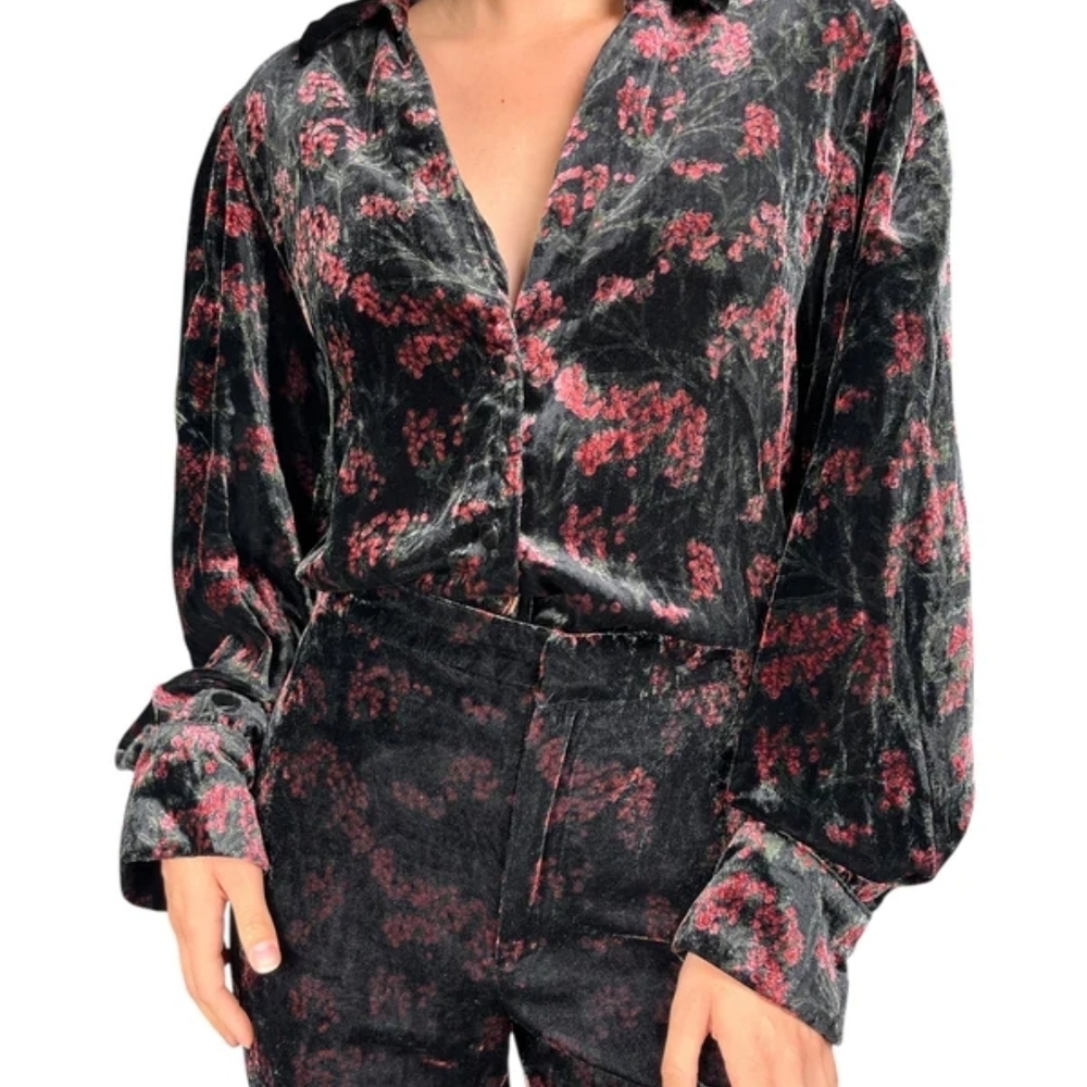 Zara Black and Red Floral Velvet Blouse